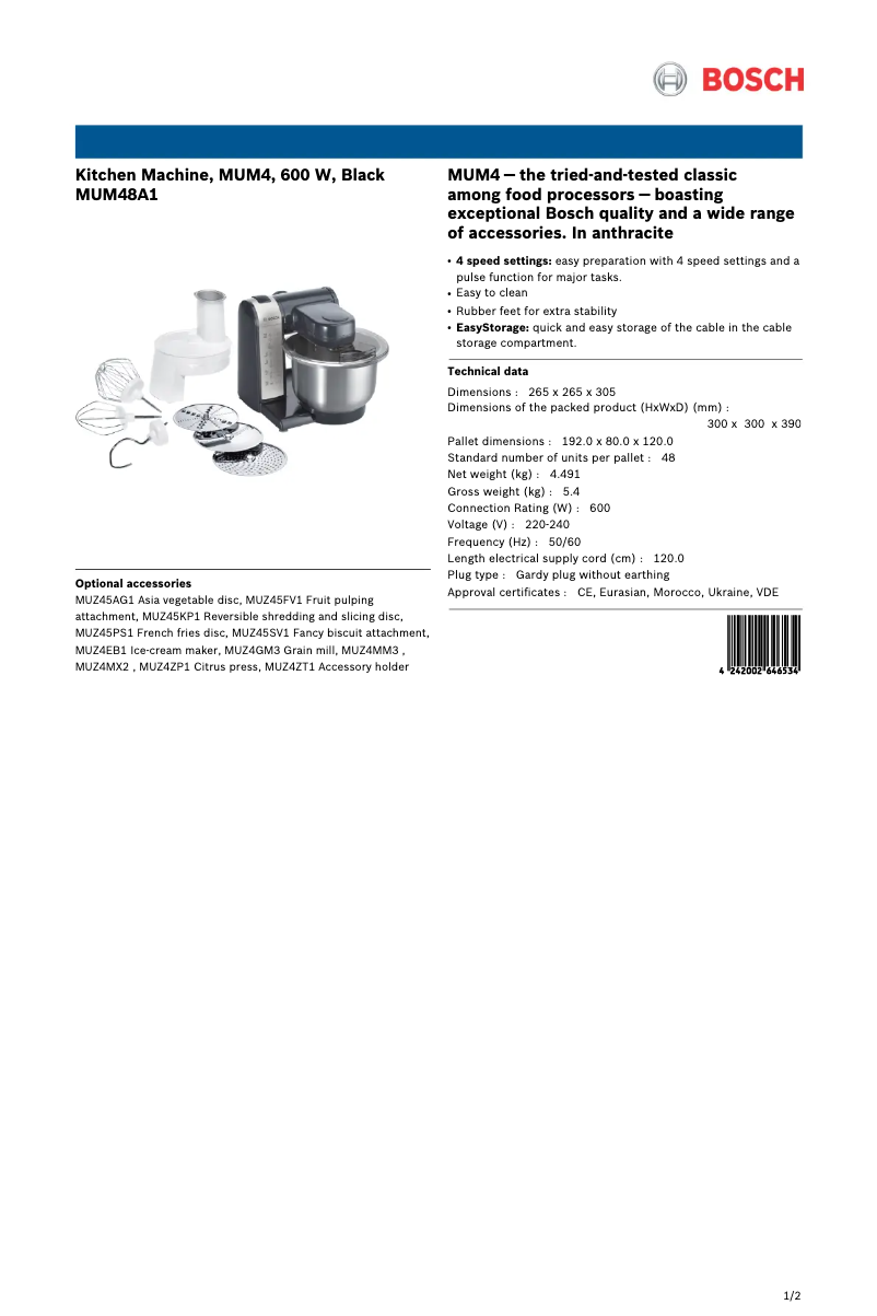 Page 1 of the manual Technical Sheet Bosch MUM48A1