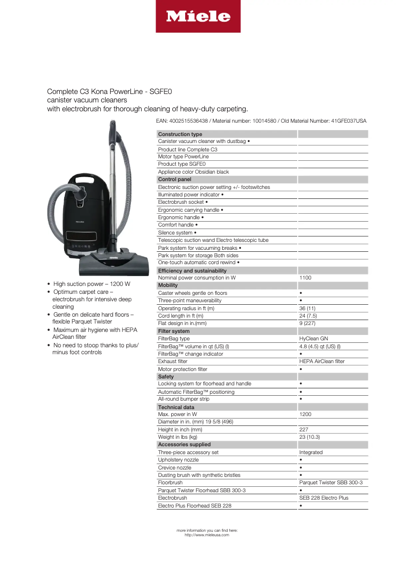 Page 1 of the manual Technical Sheet Miele Complete C3 Kona