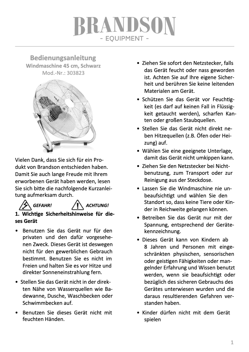 Page 1 of the manual User Manual Brandson 303823