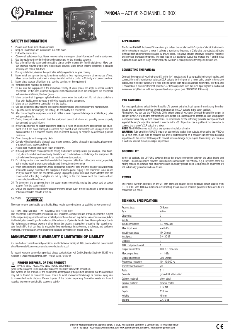 Page 1 of the manual User Manual Palmer PAN 04 A