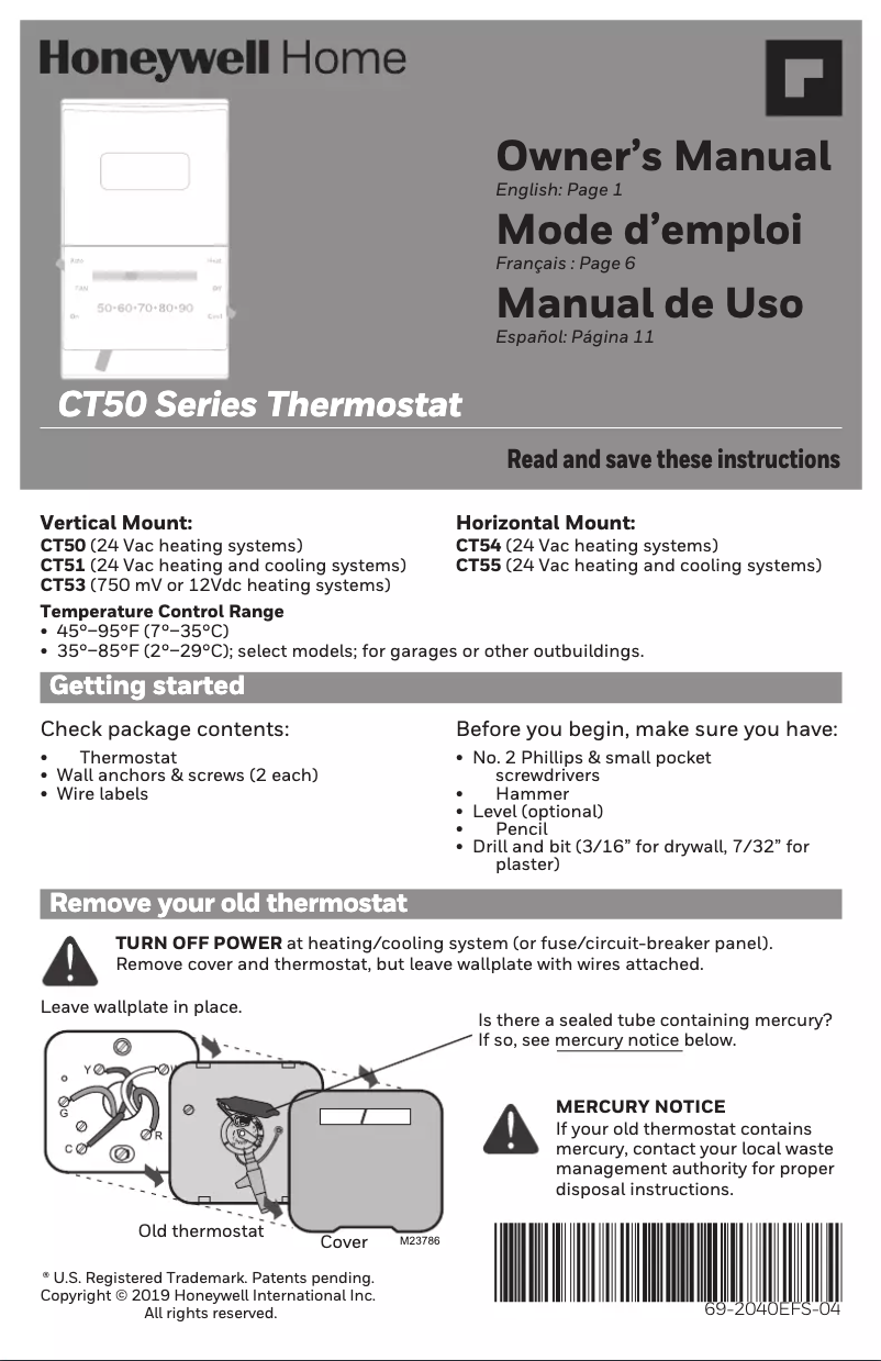Page 1 of the manual User Manual Honeywell CT51N1007