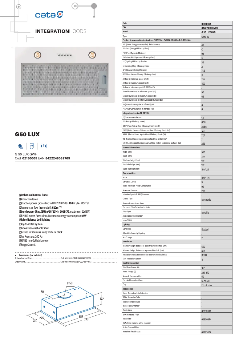 Page 1 of the manual Technical Sheet CATA G 50 Lux X