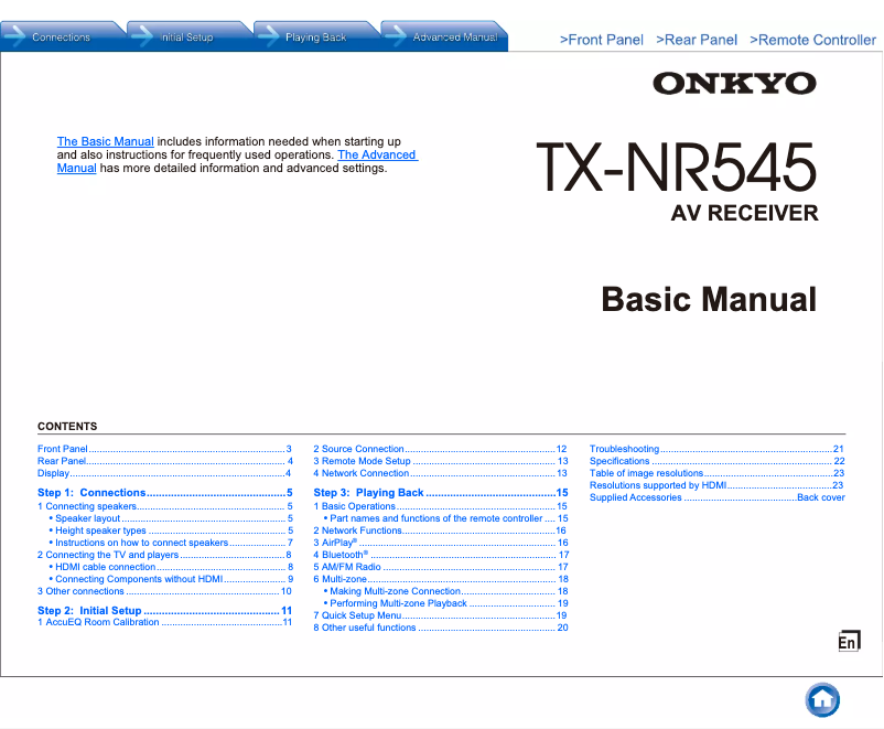 Page 1 of the manual User Manual Onkyo TX-NR545