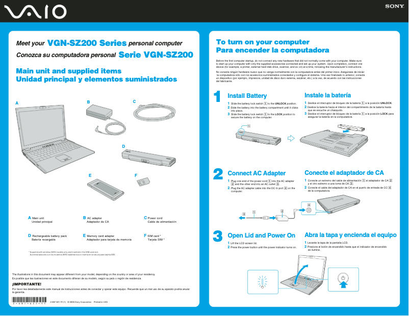 Page 1 of the manual Installation Guide Sony Vaio VGN-SZ240P