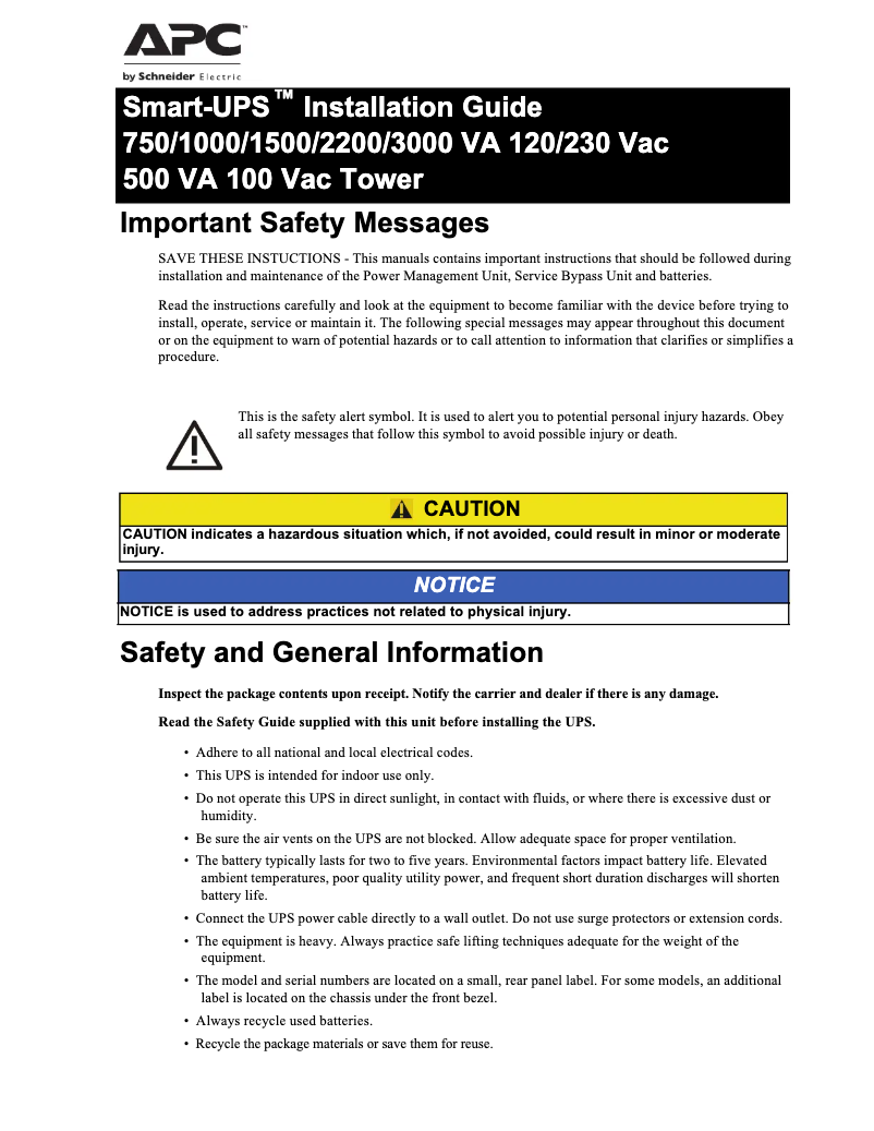 First page image of the manual for Smart-UPS SMT1000C