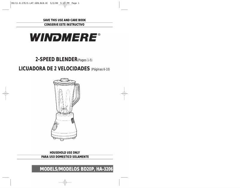 Page 1 of the manual User Manual Windmere HA3206