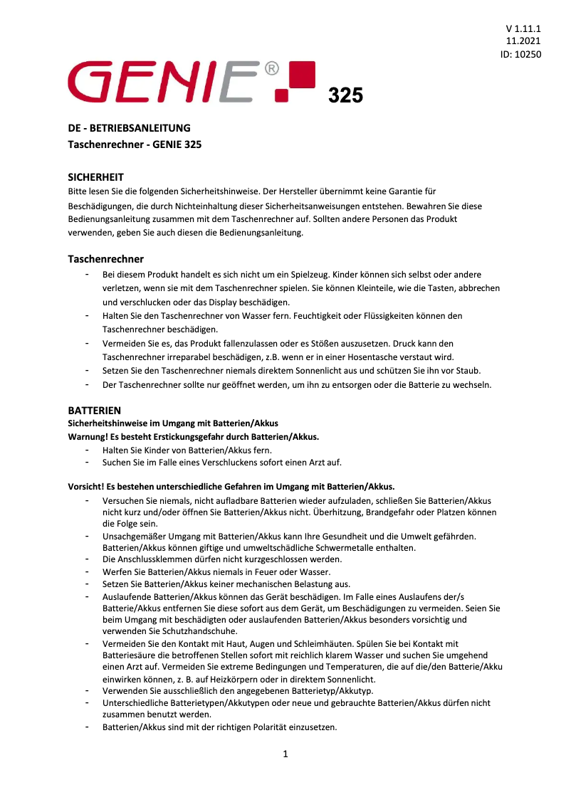 Page 1 of the manual User Manual Genie 325