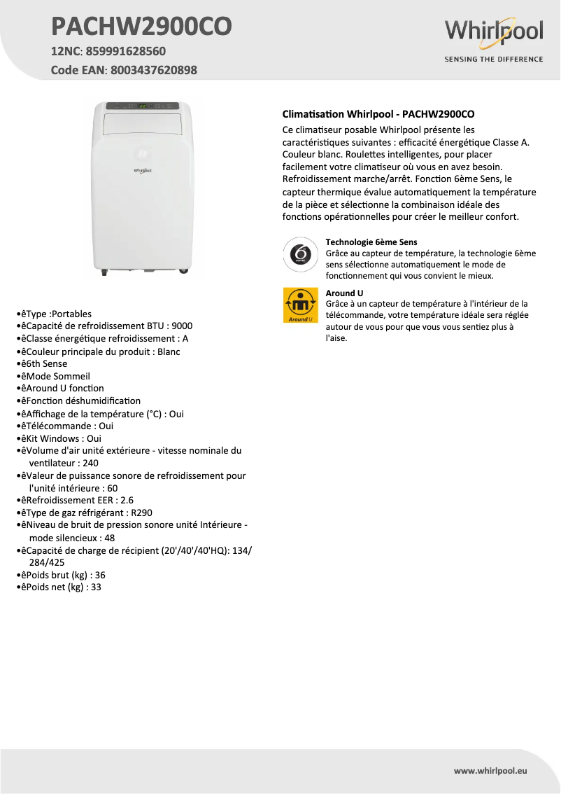 First page image of the manual for PACHW2900CO