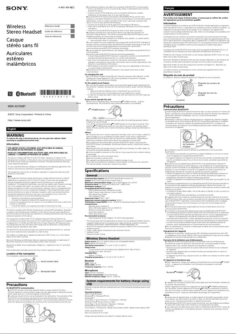 First page image of the manual for MDR-AS700BT