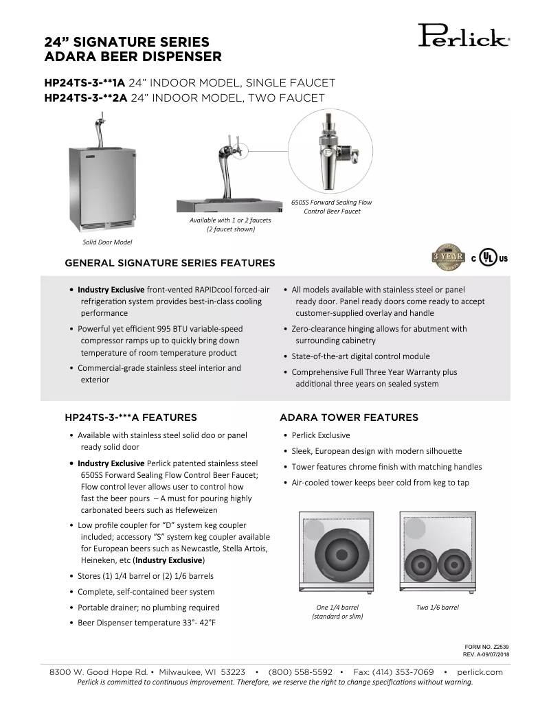 Page 1 of the manual Technical Sheet Perlick Signature Series HP24TS-3-1R2A