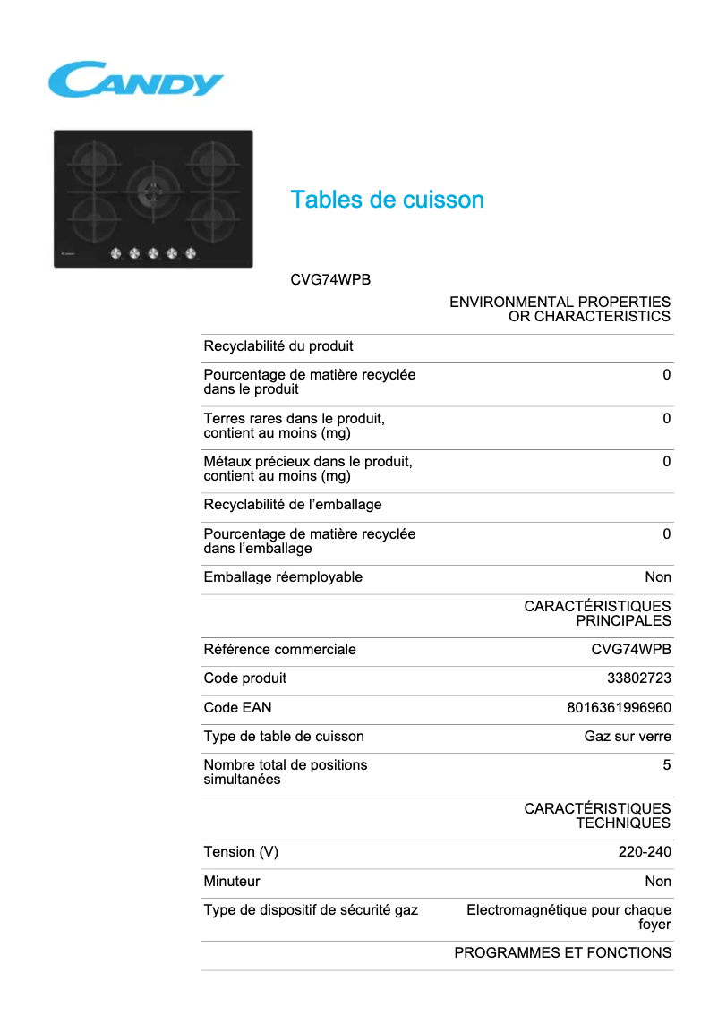 First page image of the manual for CVG74WPB