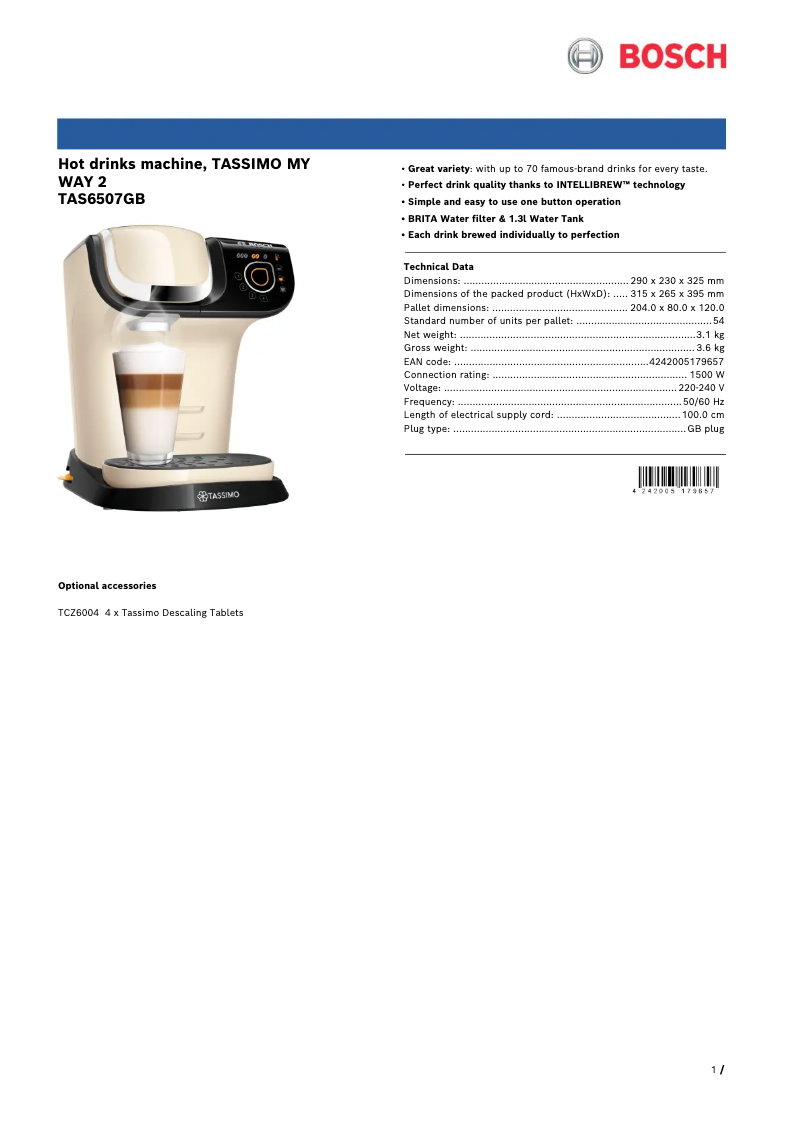 Page 1 of the manual Technical Sheet Bosch Tassimo My Way 2 TAS6507
