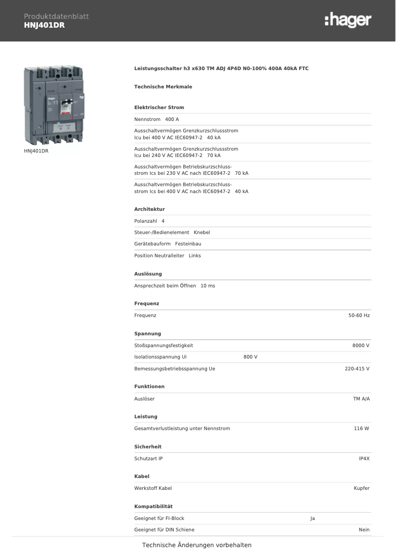 Page 1 of the manual Technical Sheet Hager HNJ401DR
