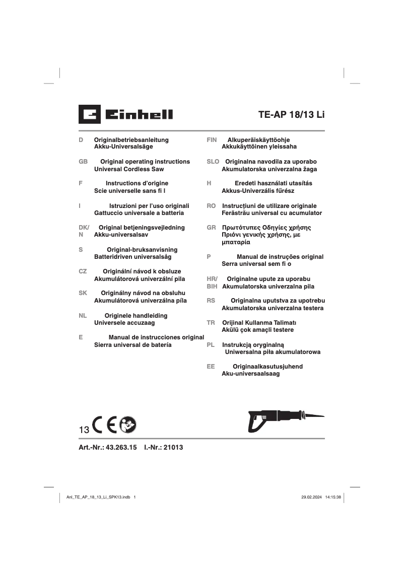 First page image of the manual for TE-AP 18/13 Li