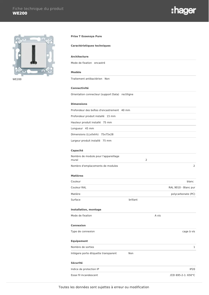 Page 1 of the manual Technical Sheet Hager WE200