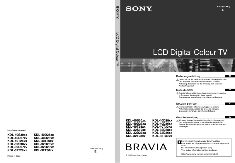 First page image of the manual for KDL-40D2810