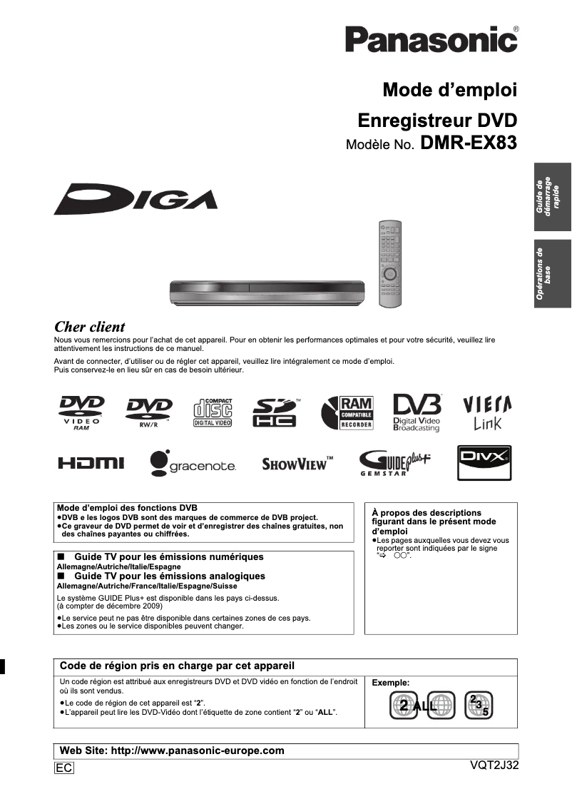 Page 1 de la notice Manuel utilisateur Panasonic DMR-EX83