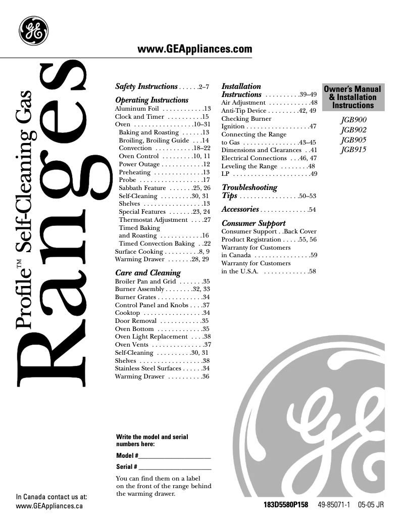 First page image of the manual for Profile JGB915CEFCC