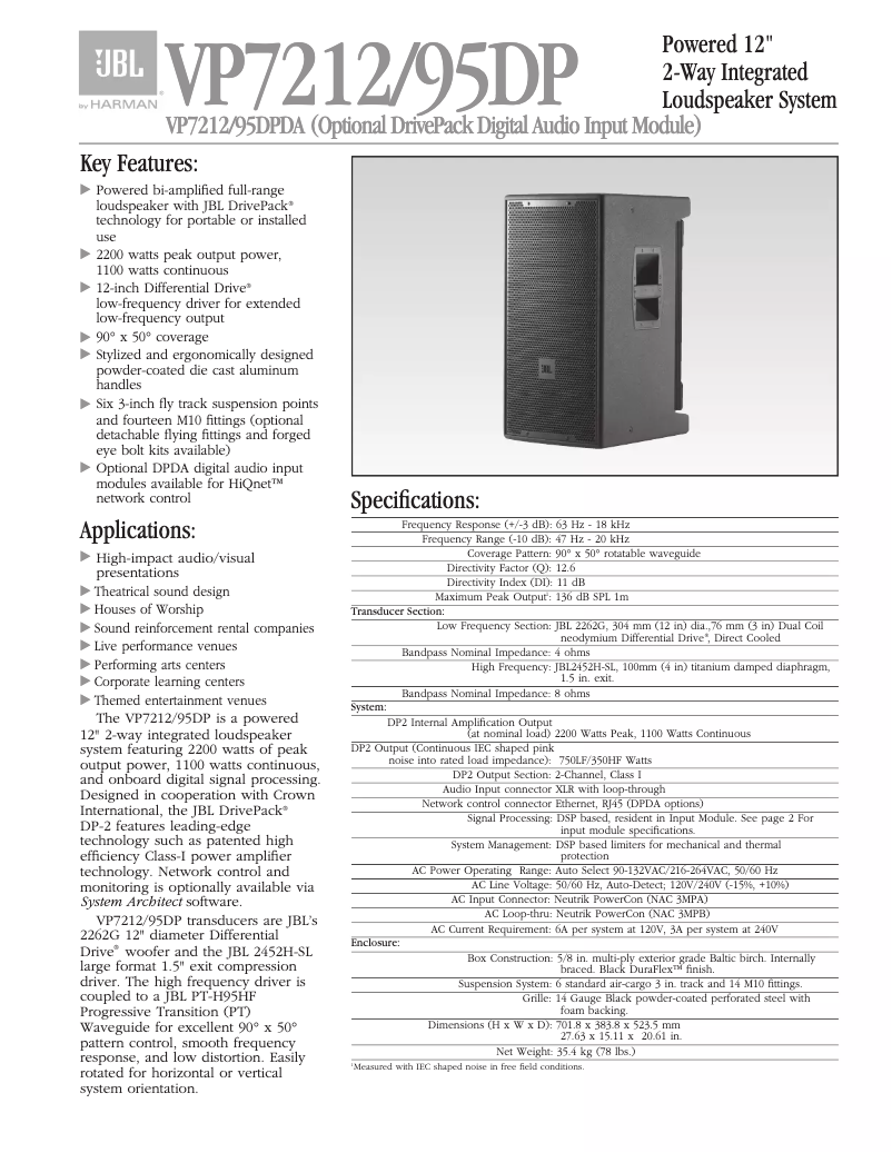 Page 1 of the manual Technical Sheet JBL VP7212/95DP
