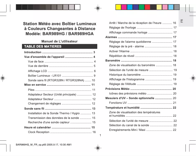 First page image of the manual for BAR989HG