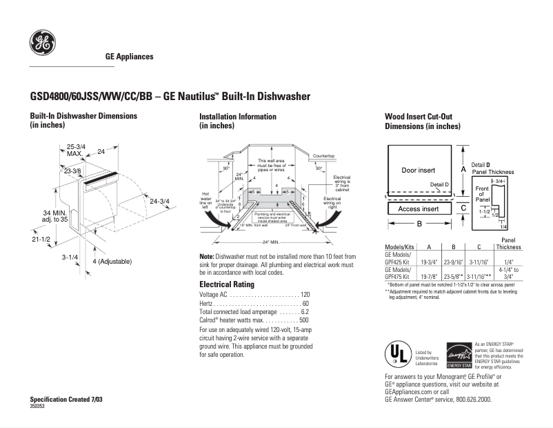 Page 1 of the manual Technical Sheet GE GSD4800JCC