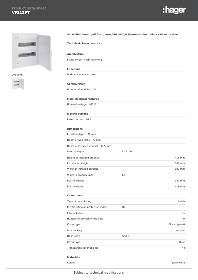 Page 1 of the manual Technical Sheet Hager VF212PT