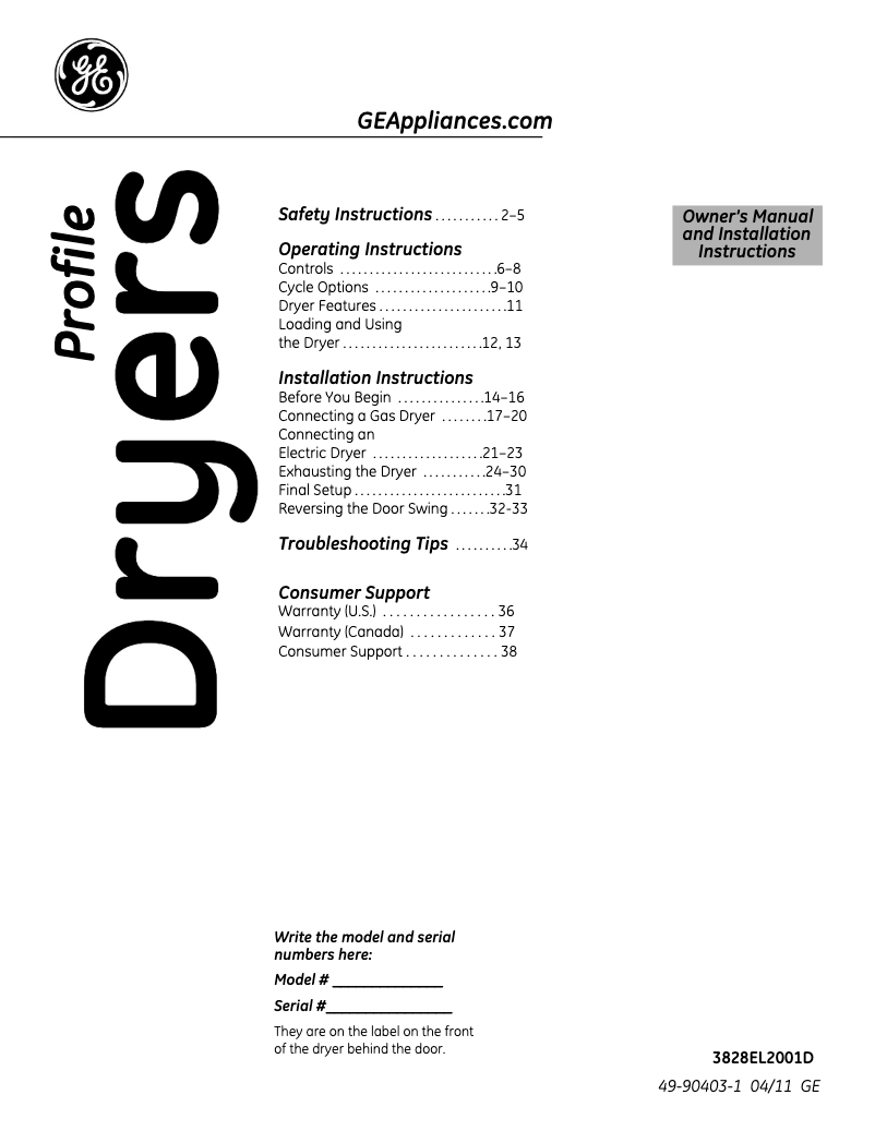 First page image of the manual for Profile Harmony PTDS855GMMS