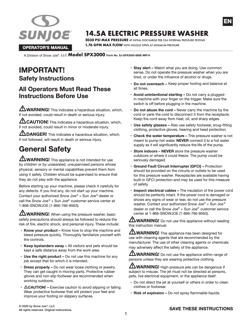 Page 1 de la notice Manuel utilisateur Sun Joe SPX3000-RED