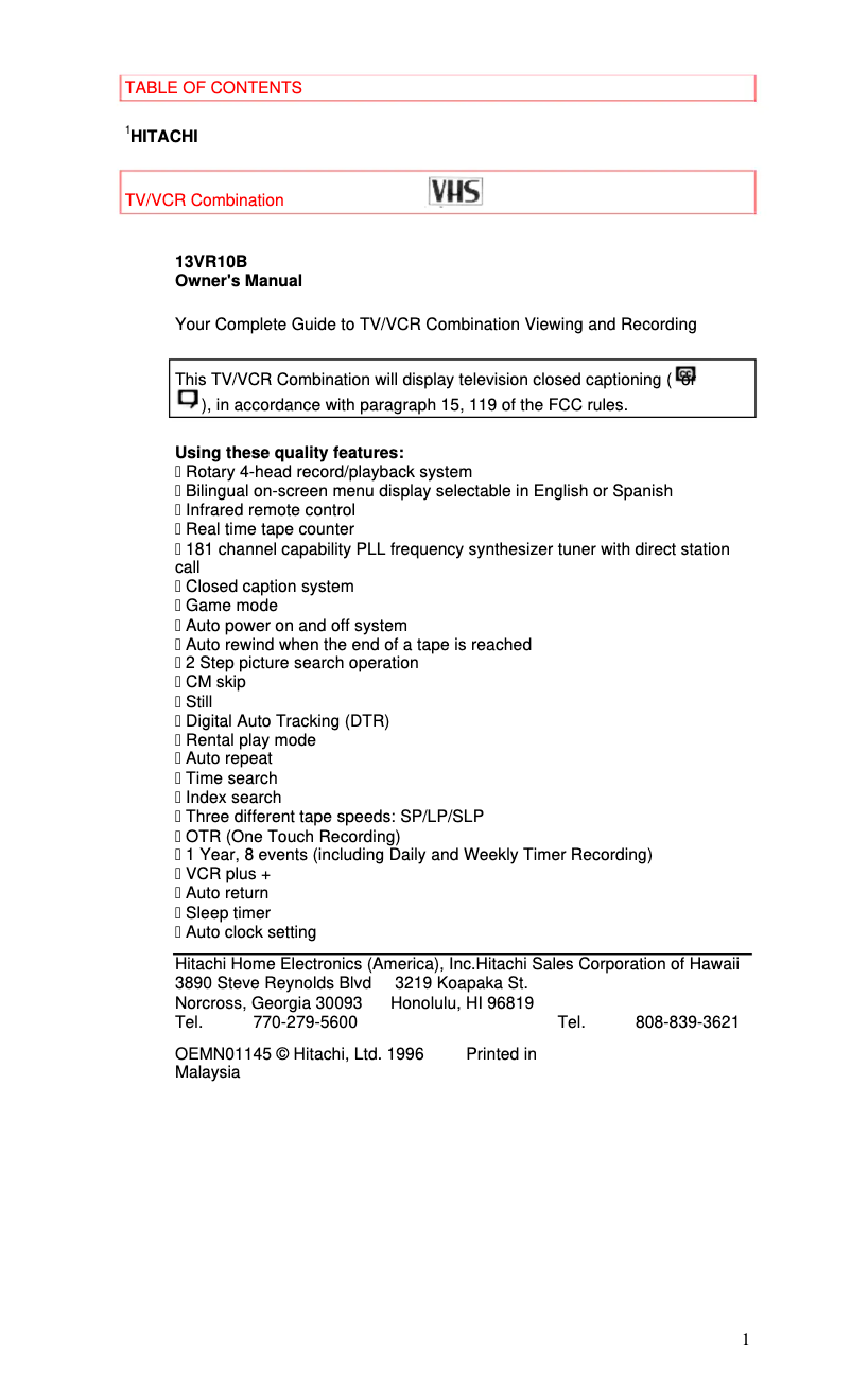 Page 1 of the manual User Manual Hitachi 13VR10B