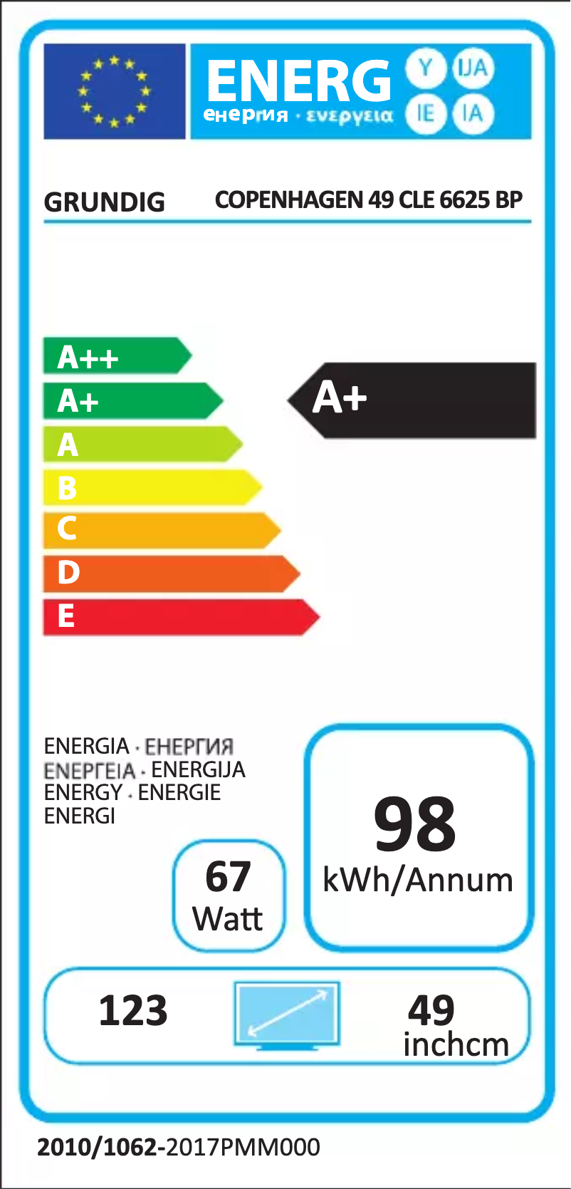 Page 1 of the manual Energy Label Grundig Copenhagen 49 CLE 6625 BP