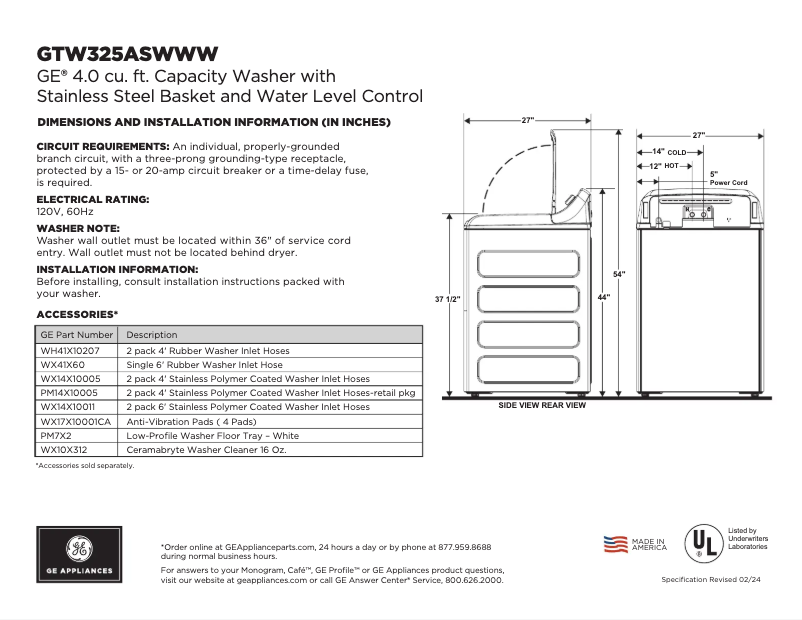 First page image of the manual for GTW325ASWWW