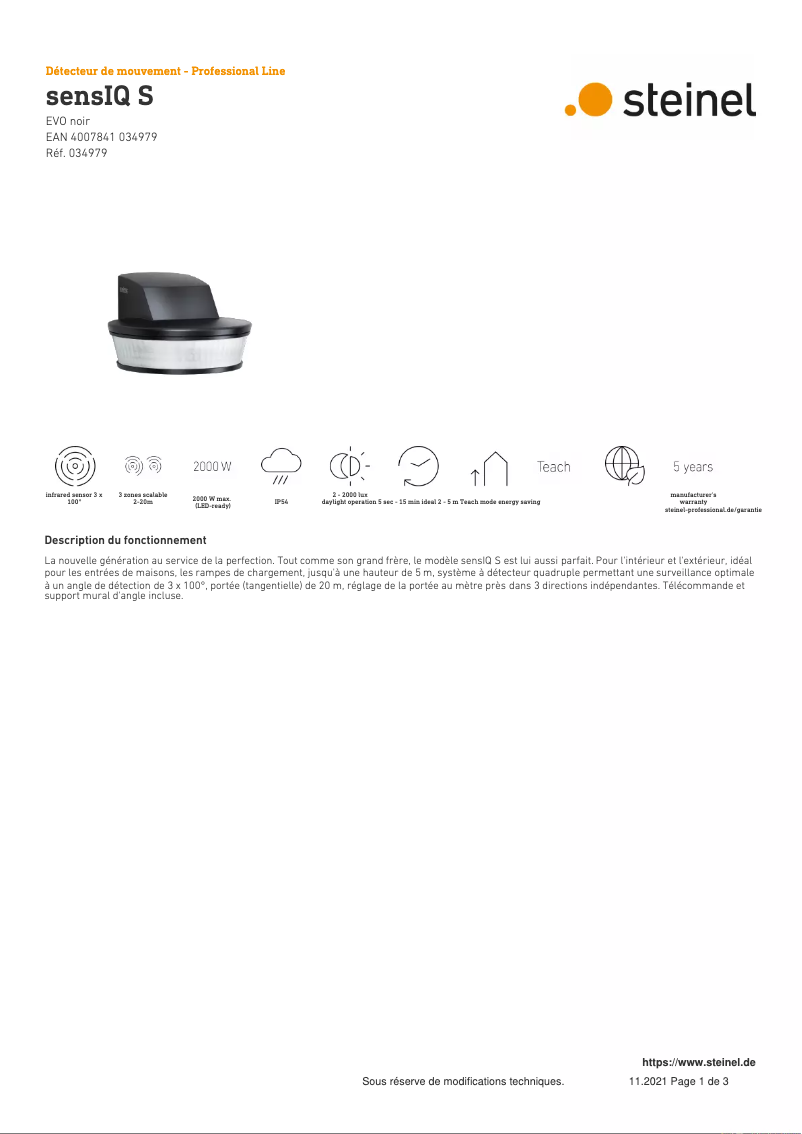 Page 1 of the manual Technical Sheet Steinel sensIQ S