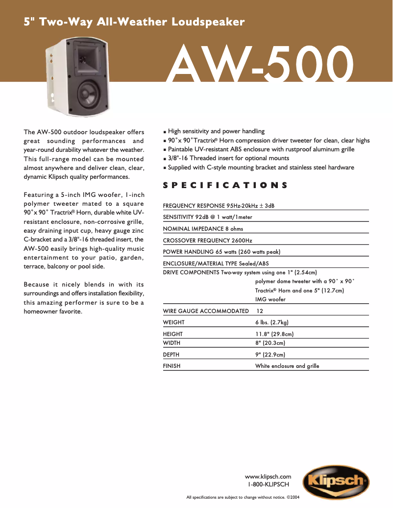 Page 1 of the manual Technical Sheet Klipsch AW-500