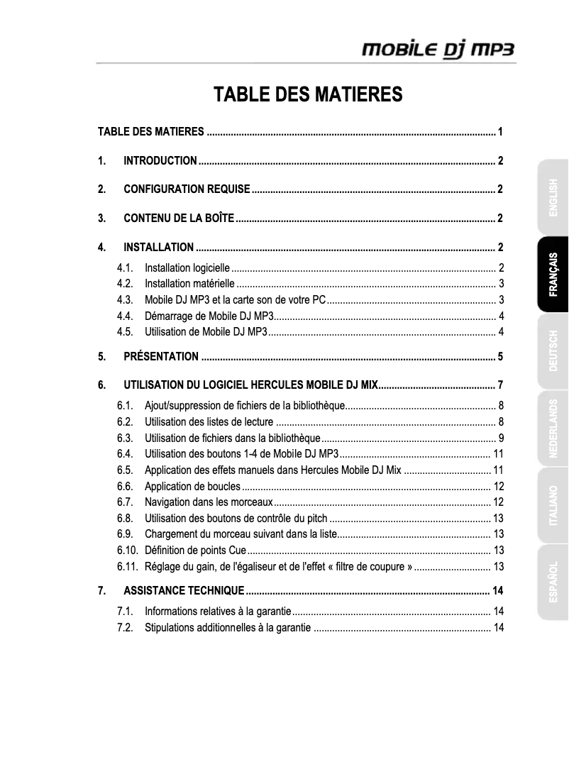Page 1 de la notice Manuel utilisateur Hercules Mobile DJ MP3