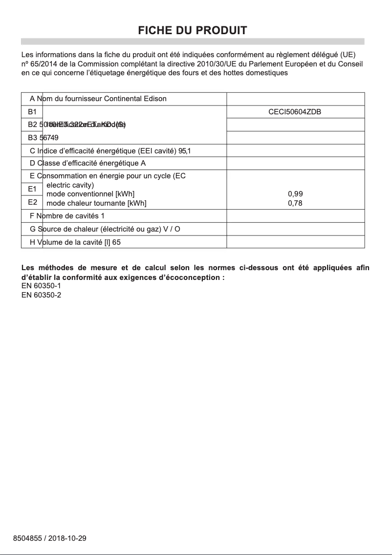 Page 1 of the manual Energy Label Continental Edison CECI50604ZDS