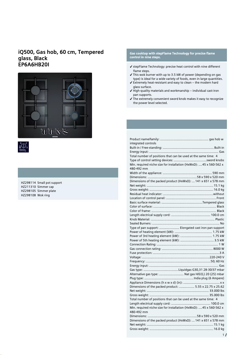 Page 1 of the manual Technical Sheet Siemens EP6A6HB20I