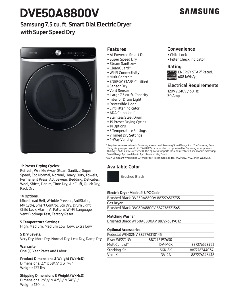 Page 1 of the manual Technical Sheet Samsung DVE50A8800V