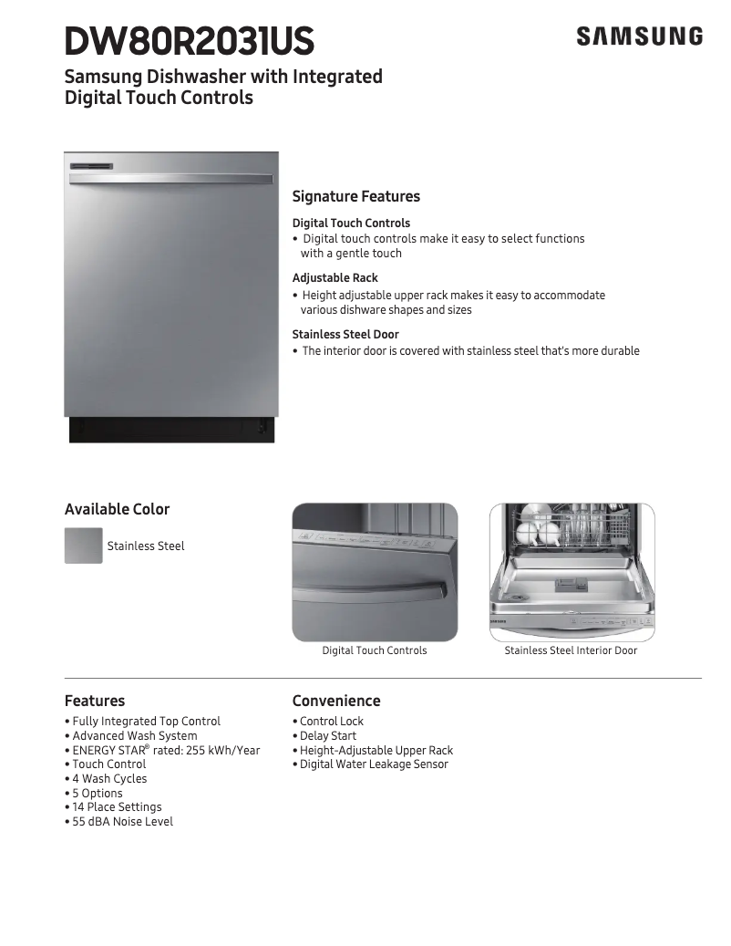 Page 1 of the manual Technical Sheet Samsung DW80R2031US