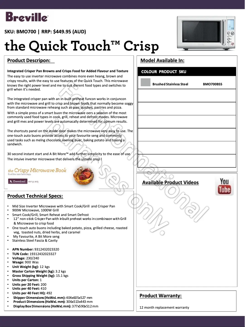 Page 1 of the manual Technical Sheet Breville the Quick & Easy BMO300