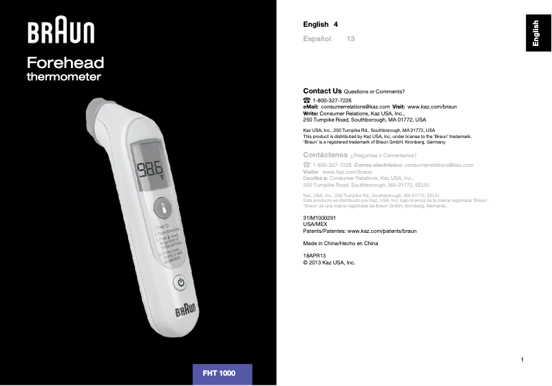 Page 1 of the manual User Manual Braun Forehead FHT1000