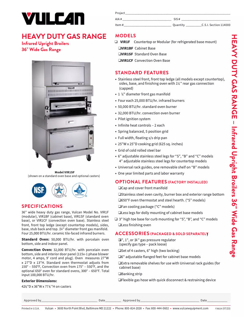 Page 1 of the manual Technical Sheet Vulcan VIR1CF