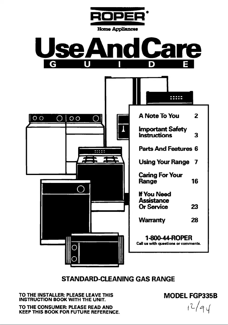 Page 1 of the manual User Manual Roper FGP335BL0