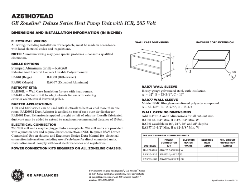 Page 1 of the manual Technical Sheet GE AZ61H07EAD Zoneline