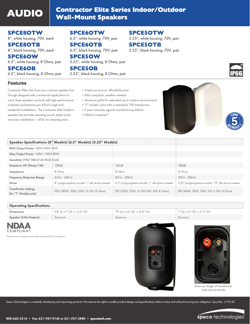 Page 1 of the manual Technical Sheet Speco Technologies SPCE8OTW