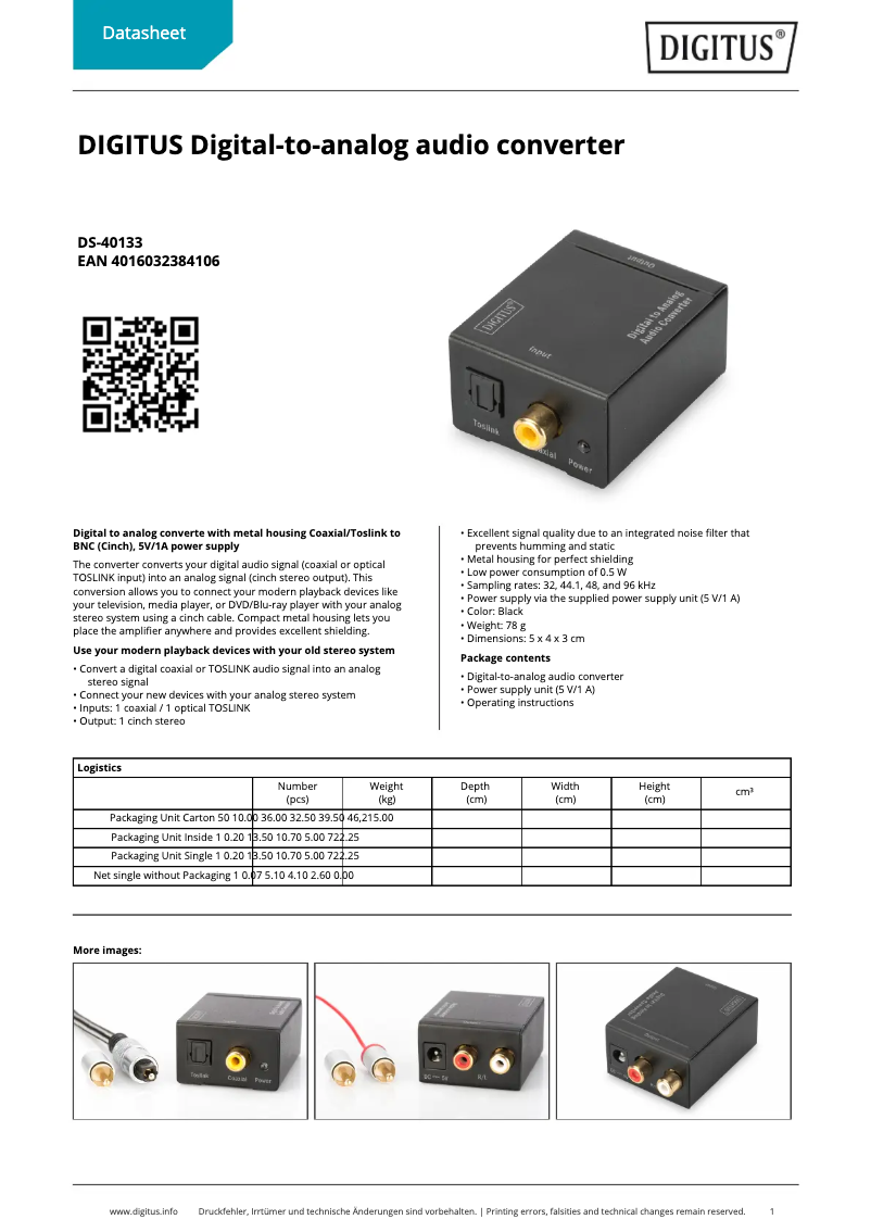 Page 1 of the manual Technical Sheet Digitus Digital to Analog Audio Converter DS-40133