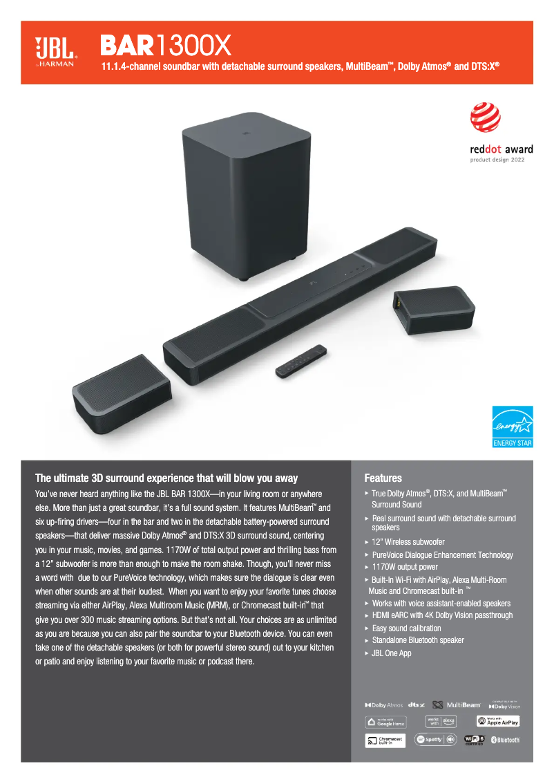 Page 1 of the manual Technical Sheet JBL BAR 1300X