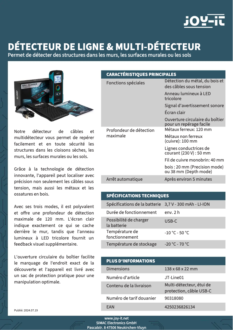 Page 1 de la notice Manuel utilisateur Joy-It JT-Line01