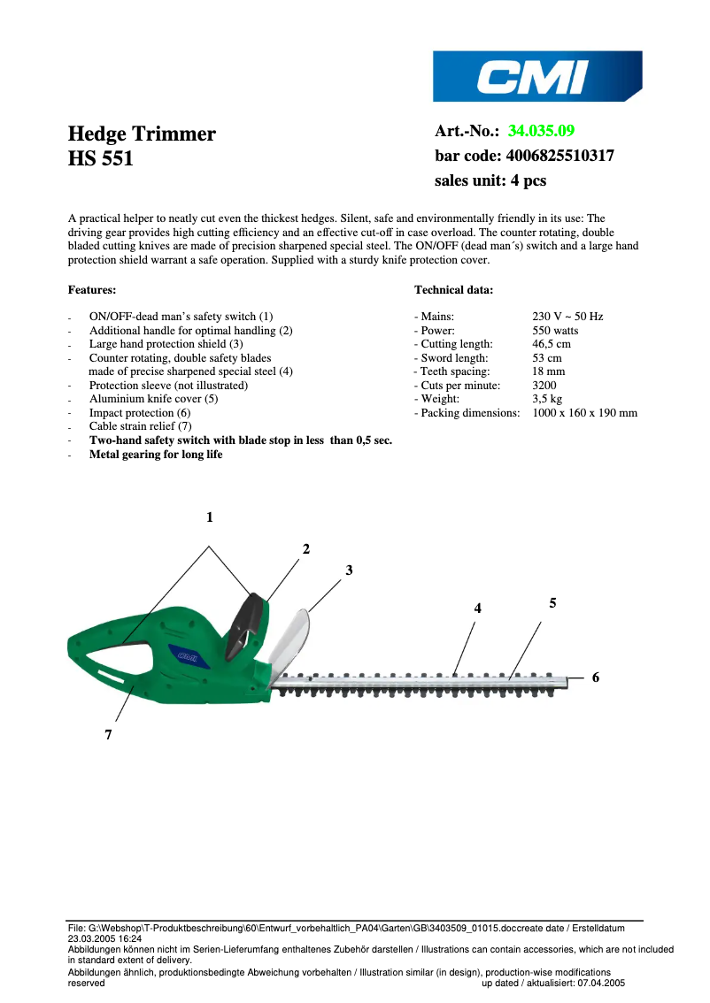 Page 1 of the manual Technical Sheet CMI HS 551