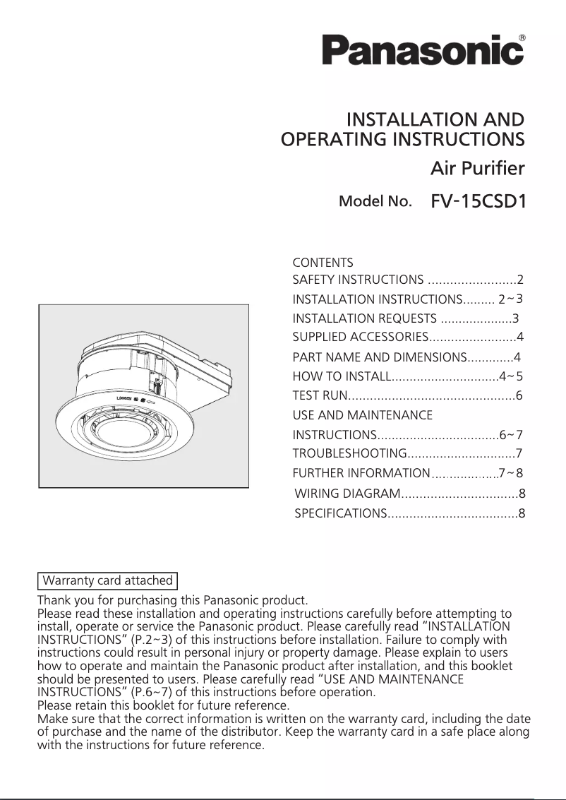 First page image of the manual for nanoe X FV-15CSD1