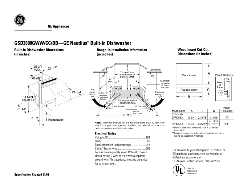 Page 1 of the manual Technical Sheet GE GSD3600GCC